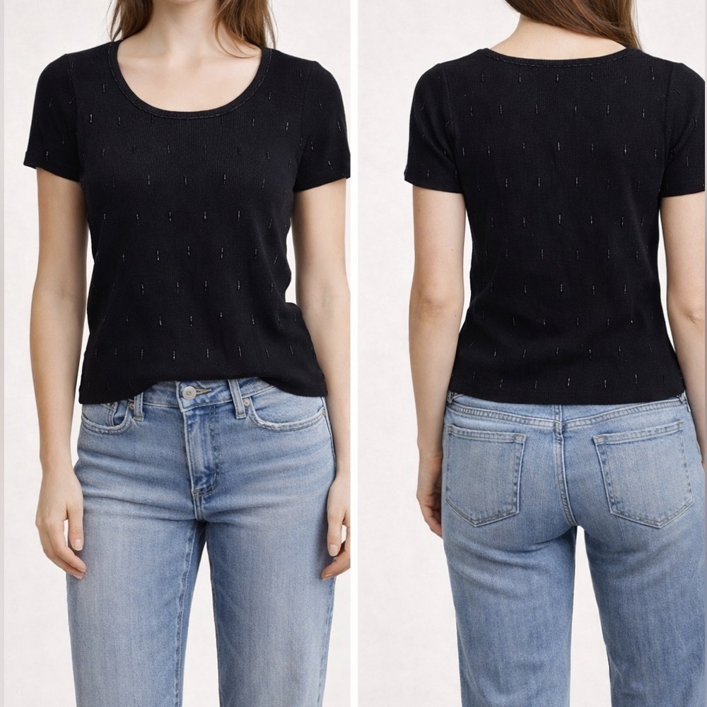 Ann Taylor black short sleeve top with beaded details, size S